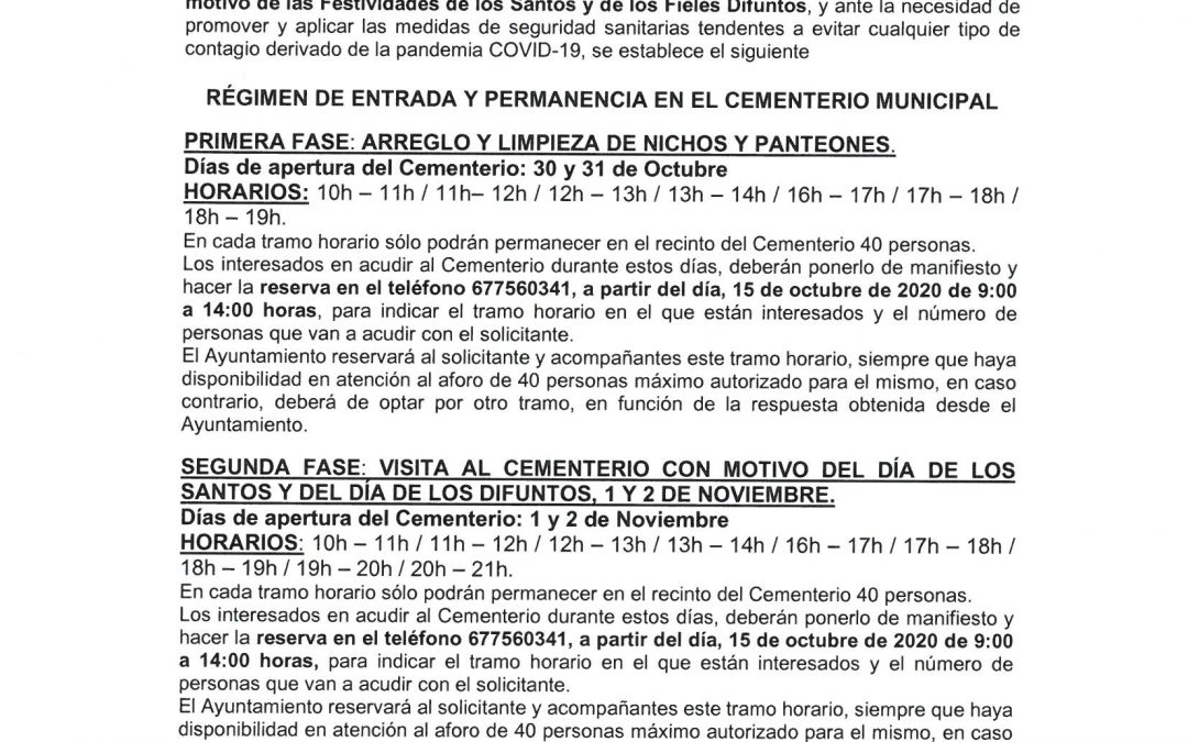 MEDIDAS EXCEPCIONALES CON MOTIVO DE LA FESTIVIDAD DE TODOS LOS SANTOS